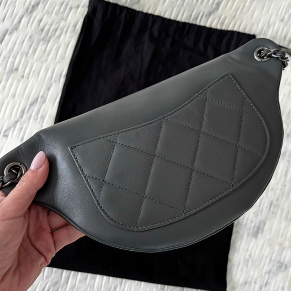 Authentic Chanel Grey Calfskin Leather Three-tone Metal Chain Signs Waist Bag - Picture 12 of 12